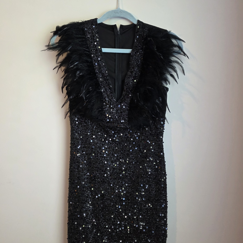 Elegant Black Sequin Dress with Feather Detail